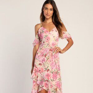 Lulus Watch Me Grow Pink Floral Print Cold-shoulder High-low Dress - Size XL